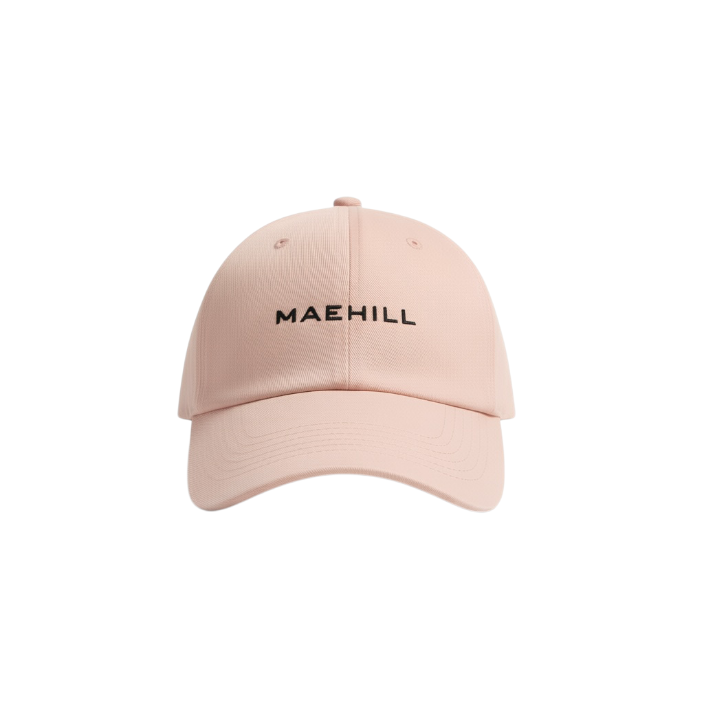 MAEHILL light pink cotton baseball cap with black embroidered logo on the front panel and a curved brim