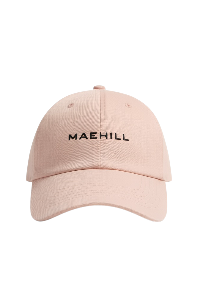 MAEHILL light pink cotton baseball cap with black embroidered logo on the front panel and a curved brim