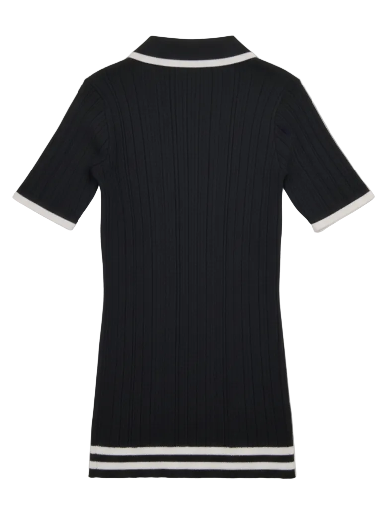 MAEHILL black ribbed knit polo shirt with white tipping on the collar, cuffs, and hem, shown from the back.