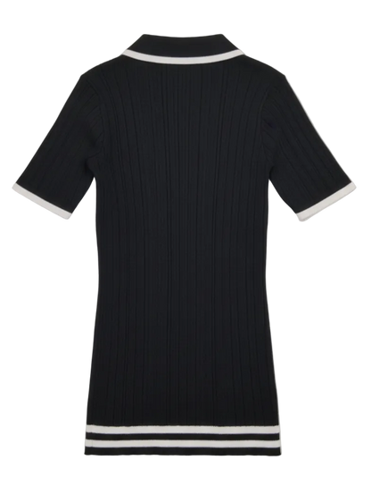 MAEHILL black ribbed knit polo shirt with white tipping on the collar, cuffs, and hem, shown from the back.