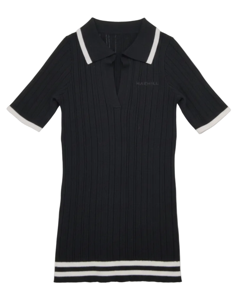 MAEHILL black ribbed knit polo shirt with white tipping on the collar, cuffs, and hem and an open-neck design.
