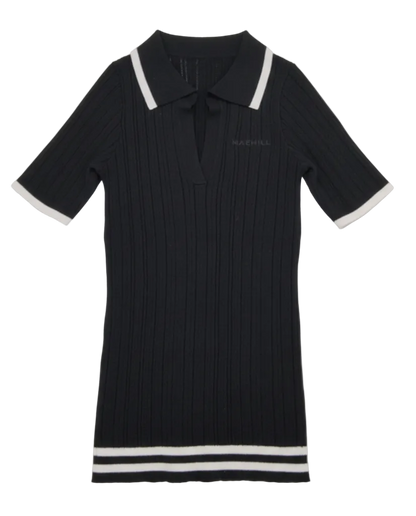 MAEHILL black ribbed knit polo shirt with white tipping on the collar, cuffs, and hem and an open-neck design.