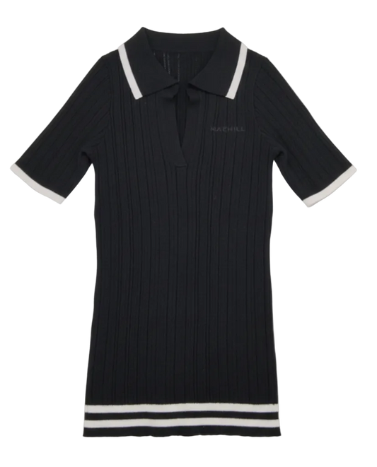 MAEHILL black ribbed knit polo shirt with white tipping on the collar, cuffs, and hem and an open-neck design.