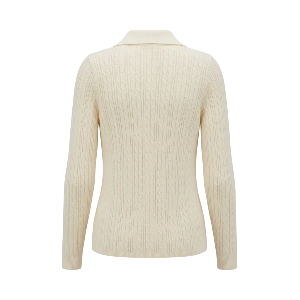 Back view of a MAEHILL cream cable knit long sleeve polo sweater with a structured collar on a white background.