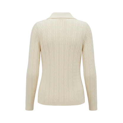 Back view of a MAEHILL cream cable knit long sleeve polo sweater with a structured collar on a white background.