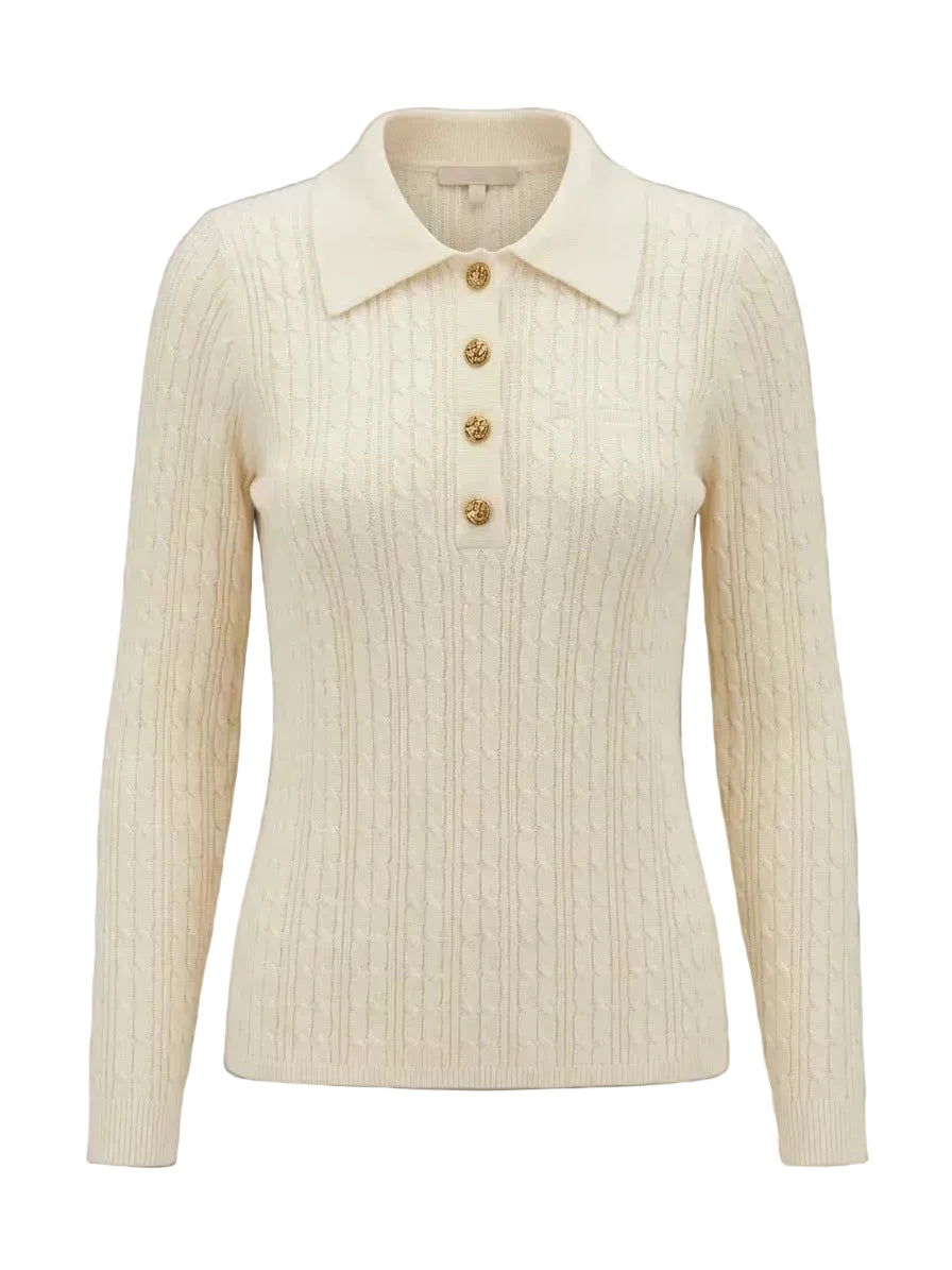 MAEHILL cream cable knit long sleeve polo sweater with a structured collar and ornate gold-toned button placket