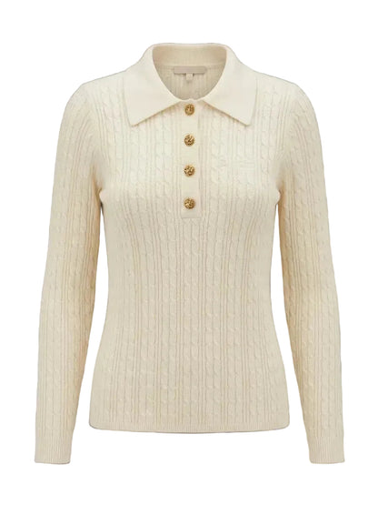 MAEHILL cream cable knit long sleeve polo sweater with a structured collar and ornate gold-toned button placket