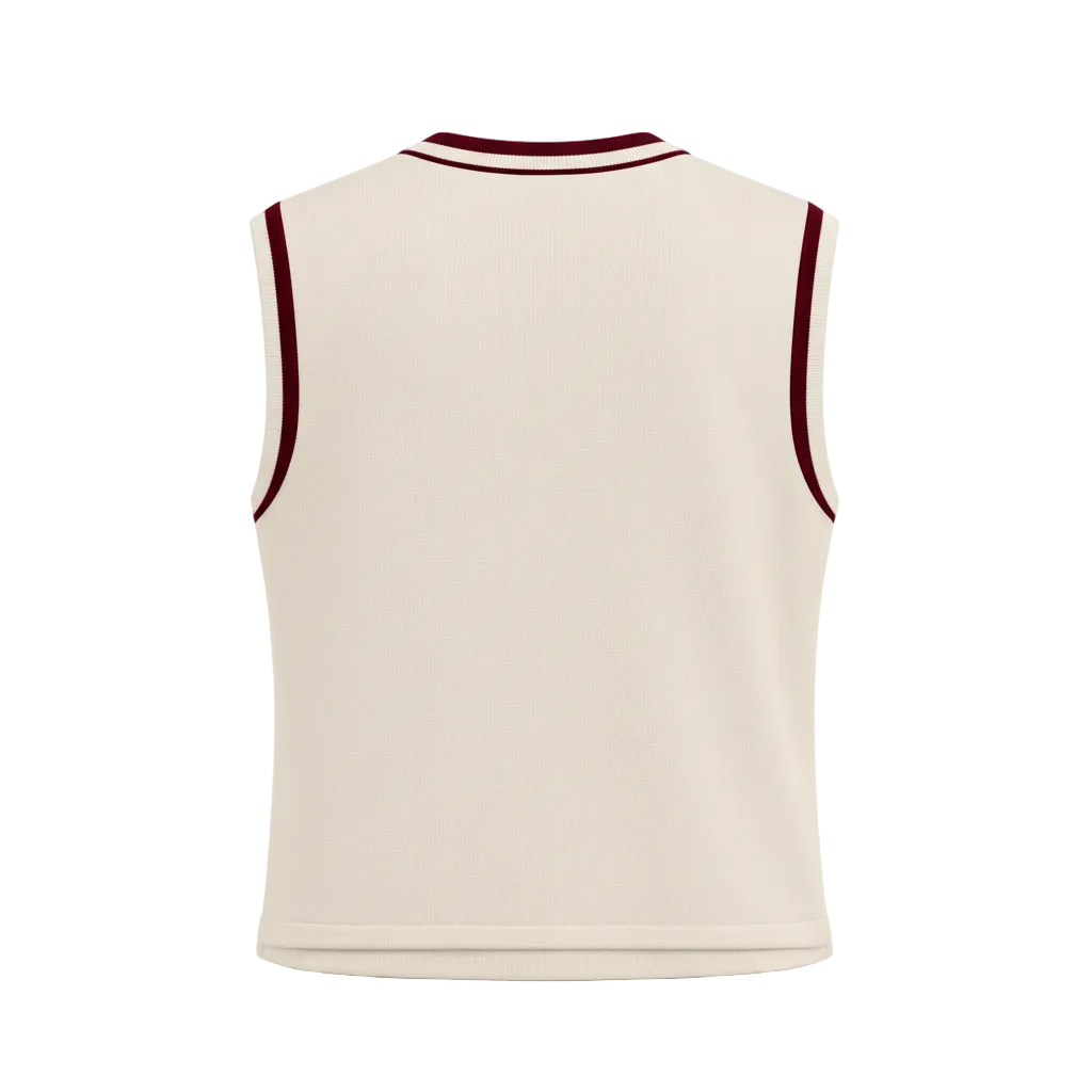 MAEHILL cream knit sweater vest with burgundy and white striped trim on the neckline and armholes, back view.
