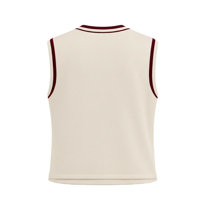 MAEHILL cream knit sweater vest with burgundy and white striped trim on the neckline and armholes, back view.