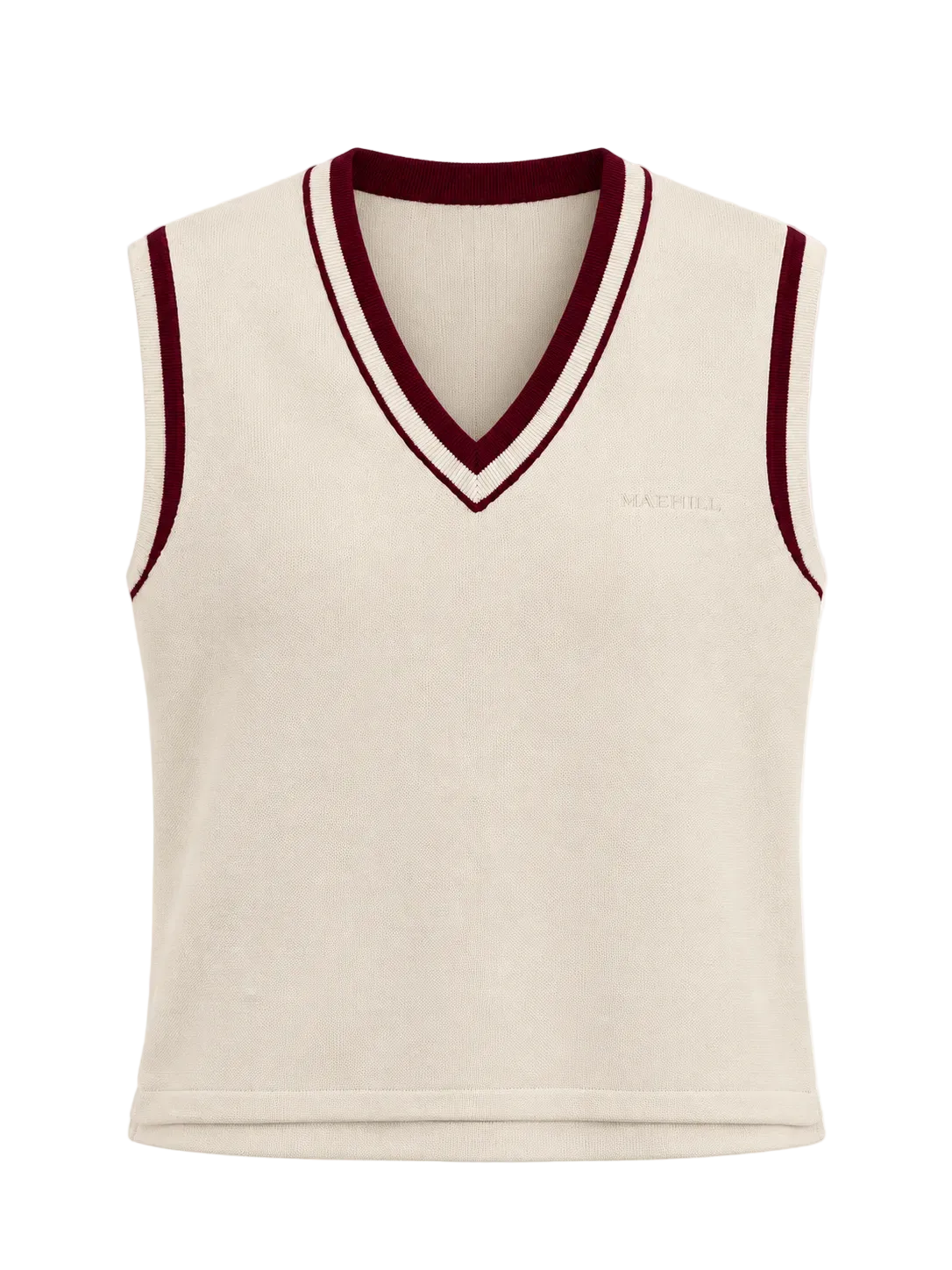 MAEHILL cream knit sweater vest with a V-neck, featuring burgundy and white striped trim and an embroidered logo.