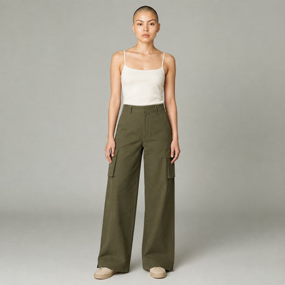 Model wearing MAEHILL olive green high-waisted wide-leg cotton twill cargo trousers with side pockets