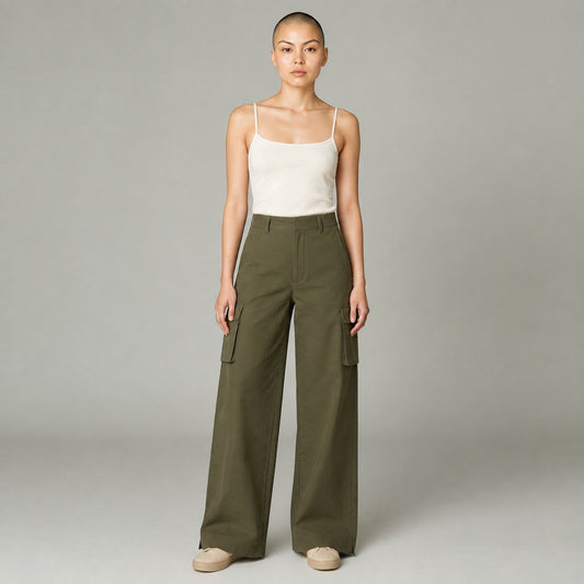Model wearing MAEHILL olive green high-waisted wide-leg cotton twill cargo trousers with side pockets