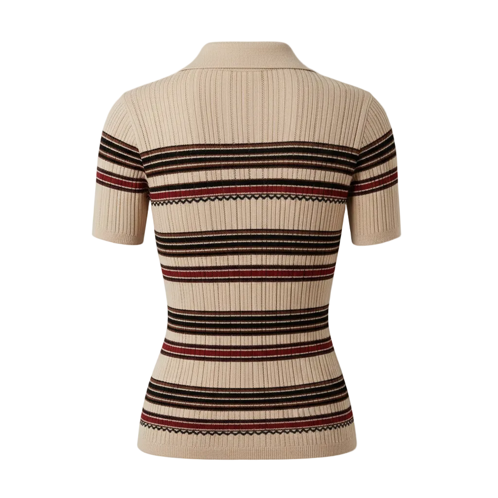 Back view of MAEHILL beige ribbed knit polo shirt with horizontal burgundy and black stripes and a structured collar