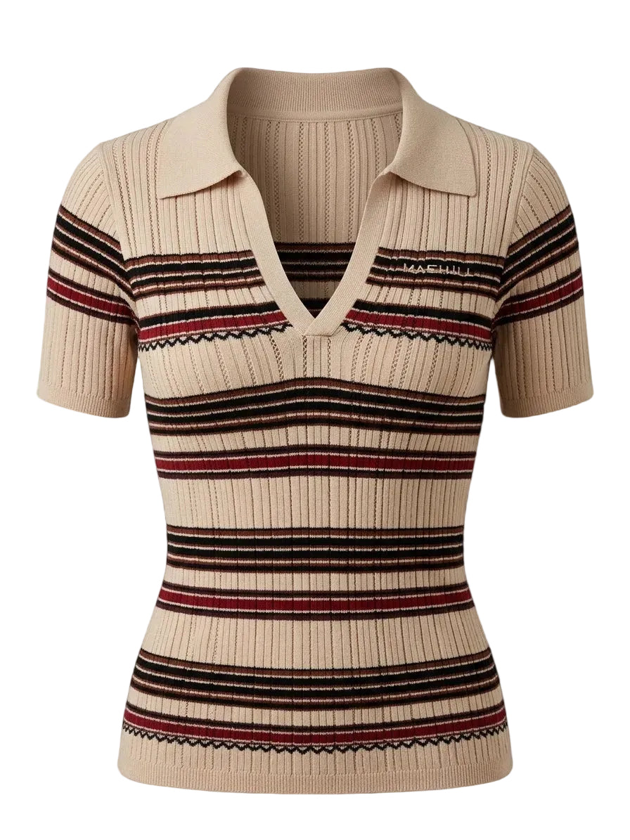 MAEHILL beige ribbed knit polo shirt featuring a V-neckline and horizontal stripes in burgundy and black.