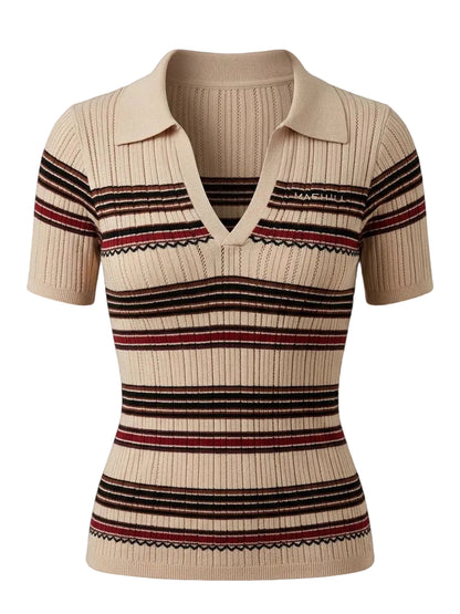 MAEHILL beige ribbed knit polo shirt featuring a V-neckline and horizontal stripes in burgundy and black.