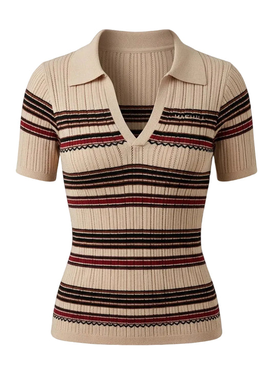 MAEHILL beige ribbed knit polo shirt featuring a V-neckline and horizontal stripes in burgundy and black.
