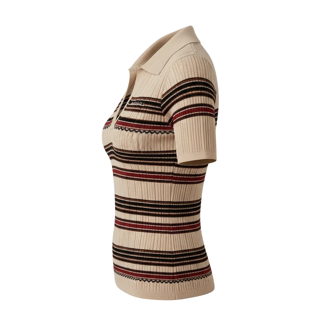 MAEHILL beige ribbed knit polo shirt with burgundy and black horizontal stripes, V-neck, and collar, side view.