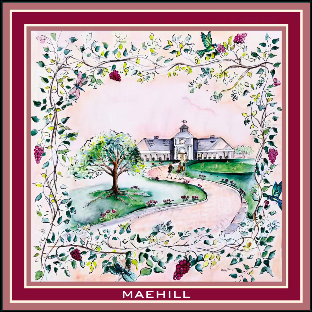 MAEHILL Tully square scarf in 100% Mulberry silk featuring a watercolor estate print with a deep burgundy border.