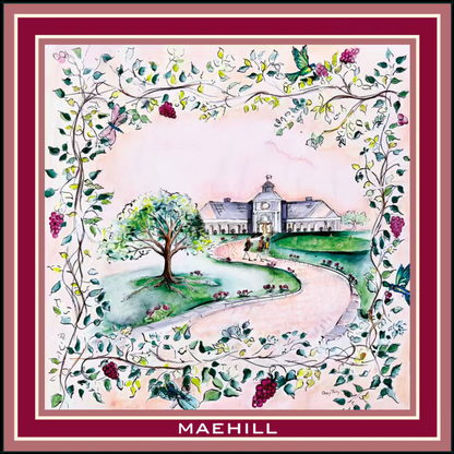 MAEHILL Tully square scarf in 100% Mulberry silk featuring a watercolor estate print with a deep burgundy border.