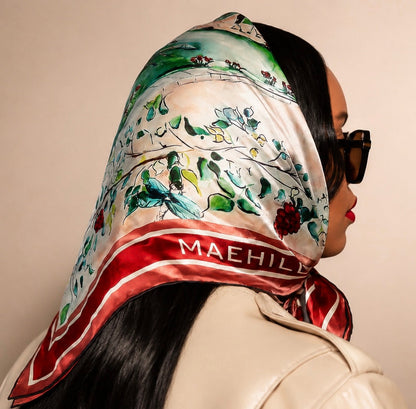 MAEHILL Tully square scarf in 100% Mulberry silk with a colorful watercolor print worn over a woman's head.